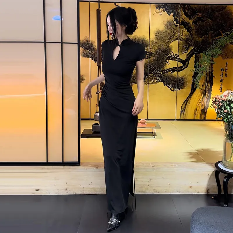 

New Chinese Style Sexy Modified Dress Knee-Length Skirt Frog Button Stand Collar Waist-Tight Slim Fit Slit Dress Black Elegant