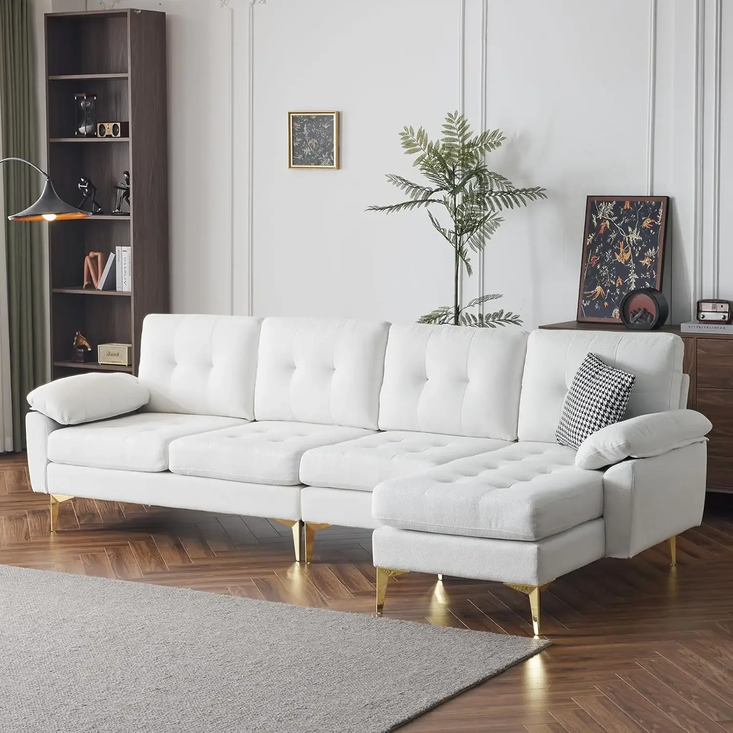 VINGLI 120” Wide White Convertible L-Shaped Sectional Sofa, 4-Seat Linen Reversible Sectional Couch, Comfy Couch with Chaise Lou