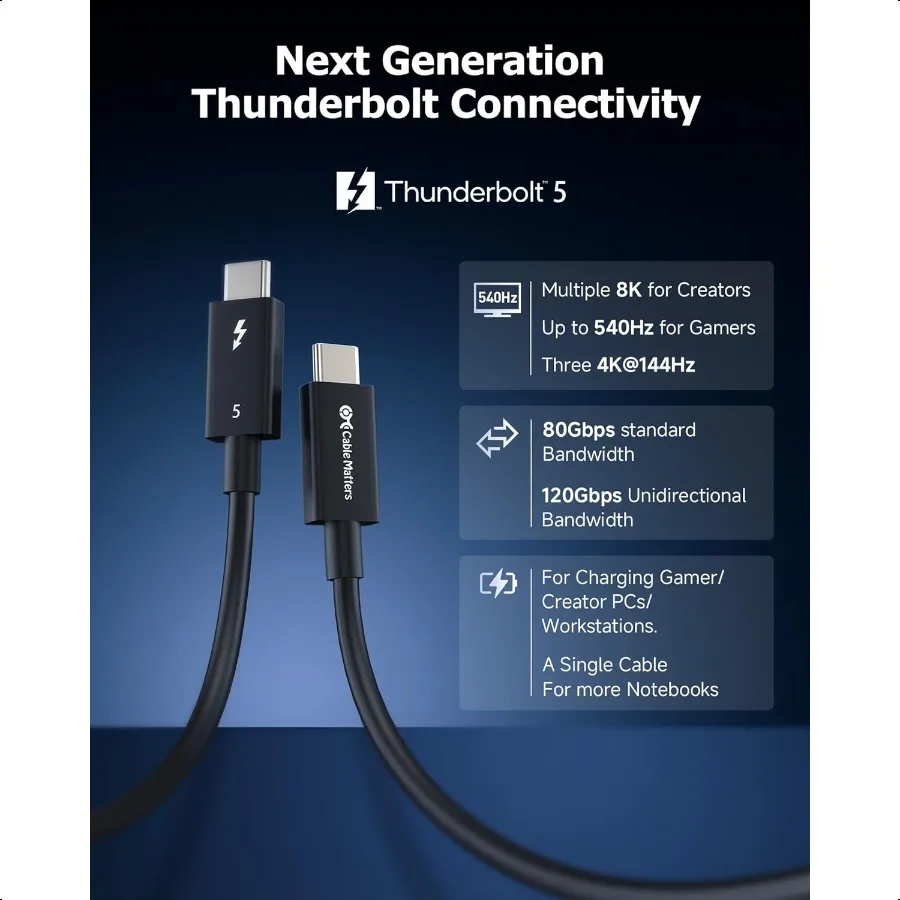[معتمدة من Intel] كابل Thunderbolt 5 بسرعة 80 جيجابت في الثانية مع تعزيز عرض النطاق الترددي يصل إلى 120 جيجابت في الثانية وشحن 240 وات 0.5 متر 1.6 قدم متوافق مع Th