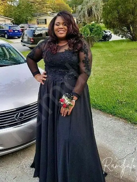 Customized Classic Plus Size Black Lace and Chiffon Mother of the Bride Dress Long Sleeve A-Line Floor-Length Formal Evening