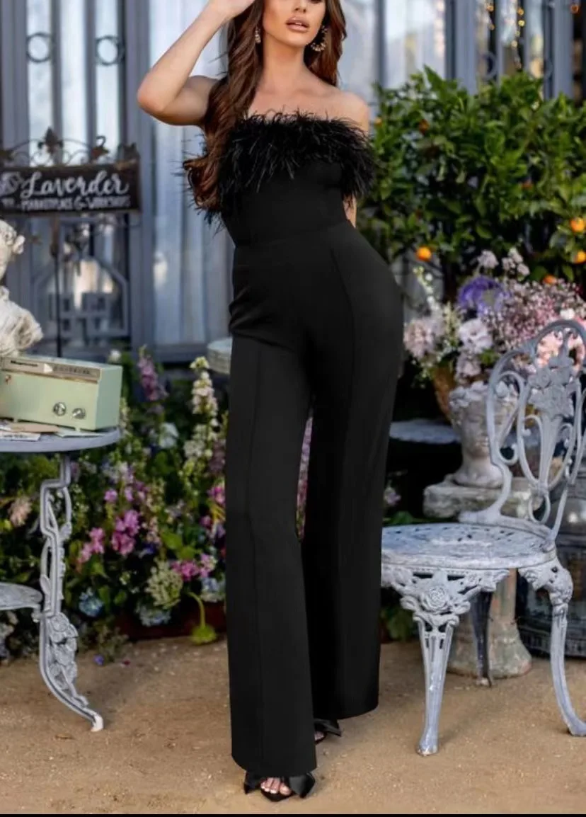 Faionable Combinaison hors épaule coupe droite plumes patchwork taille haute pantalon à jambes larges Street Sle Zipper pantalon long Pol...