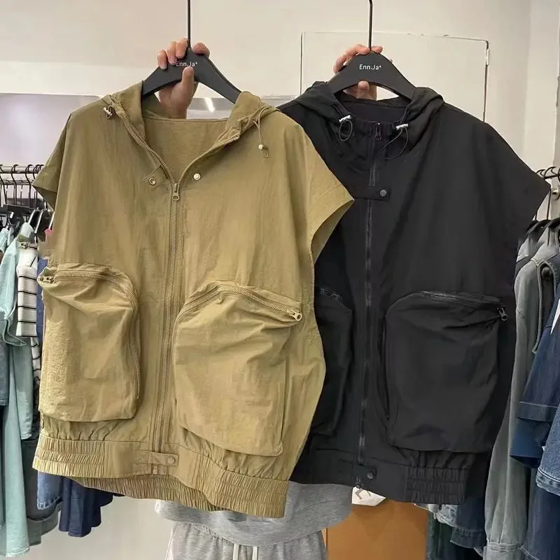 

Loose Versatile Covering Flesh Hooded Vest Women Coat Summer New Fashion Safari Style Thin Sleeveless Vest Top Women Clothing