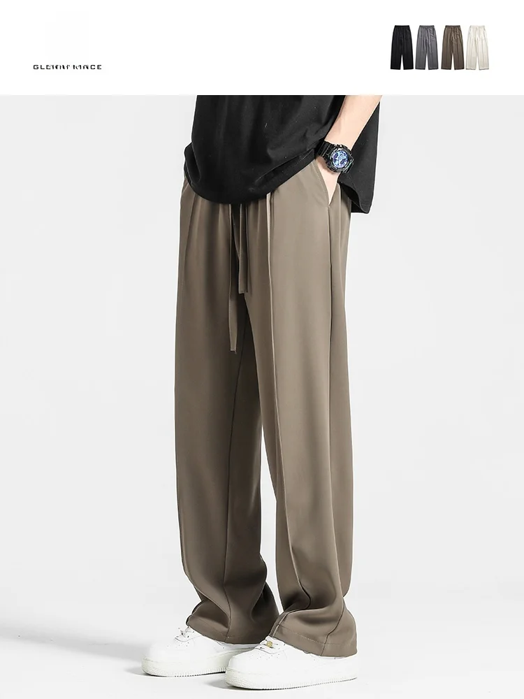 

Loose Straight Leg Casual Pants Men's Spring Summer Ice Silk Drawstring Leisure Trousers Comfortable Loose Fit Color