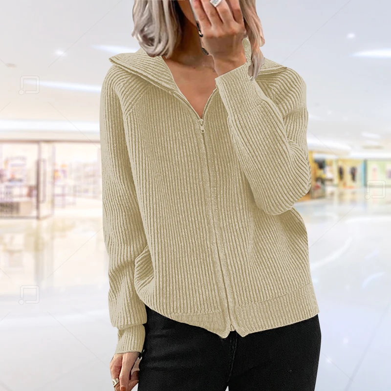 

Winter Zipper Knitted Sweater Cardigan Women Autumn Stand-Up Collar Loose Cable Solid Jacket Female Party Tops