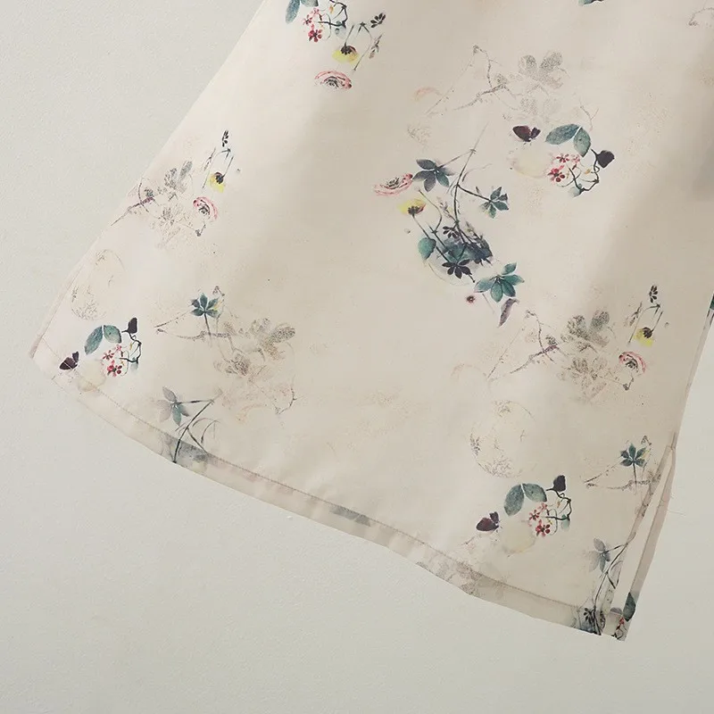 Ele New Chinese Sle Silk  Printed Dr Stand Collar Qipao Summer 2024 ort Sve Slim Fit Busin Casual Dr