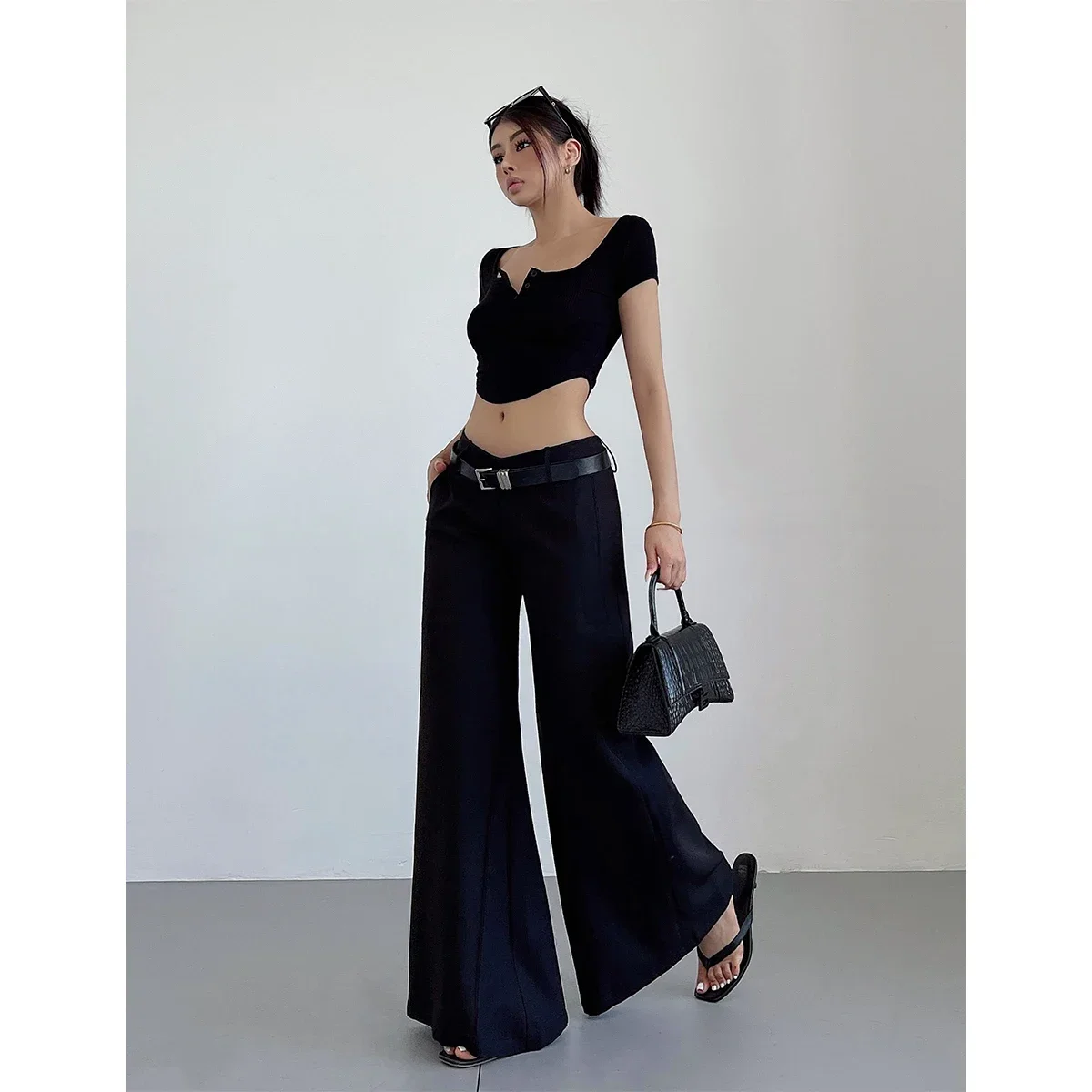 Women Flare Pant with Belt Wide Leg Slight Bootcut Bell Bottom Long Pants y2k low waist office suit trouser 2023 elegant clothes