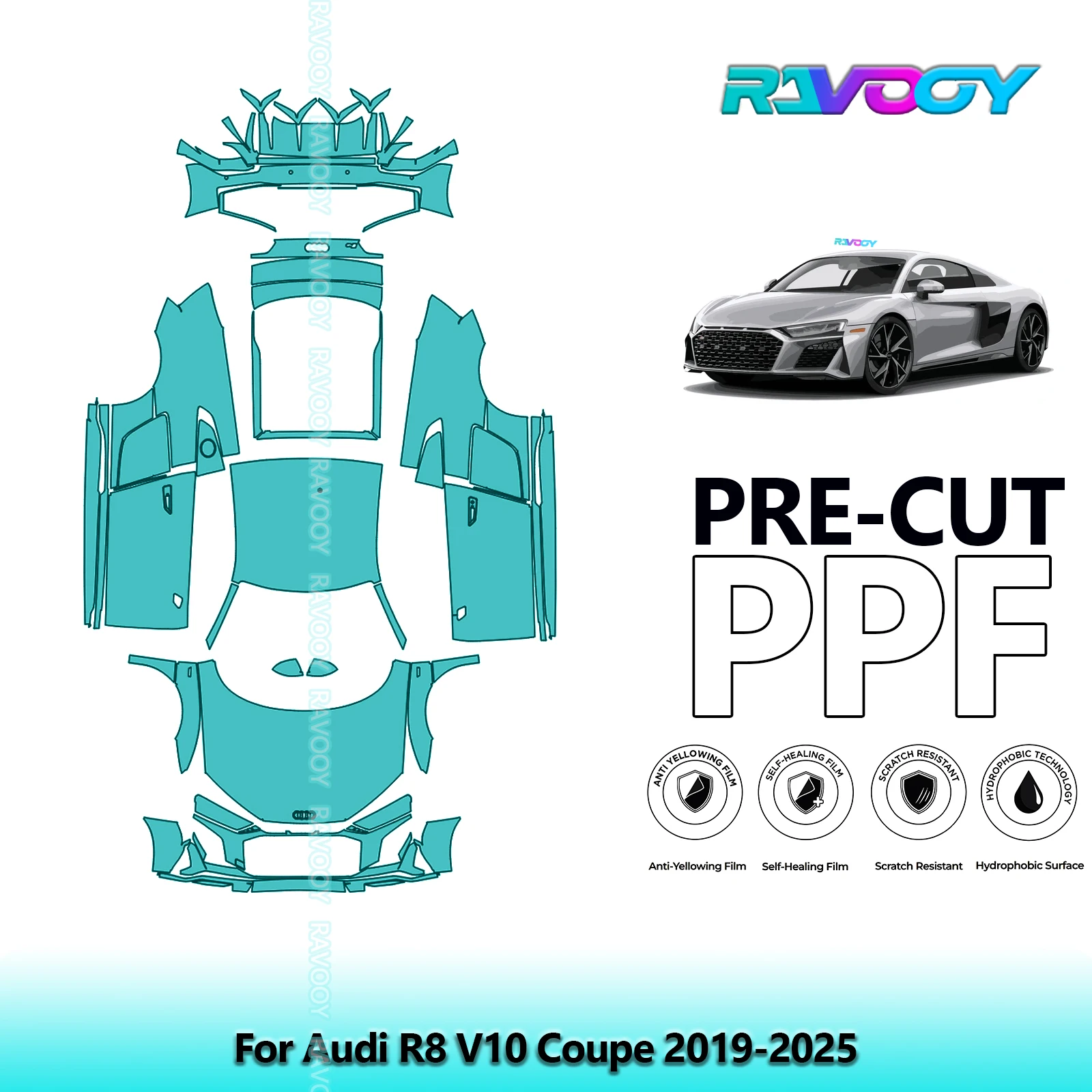 RAVOOY Custom-Fit Precut TPU Paint Protection Film Full Vehicle Clear Bra Stone Chip Guard EU UK For Audi R8 V10 Coupe 2019-2025