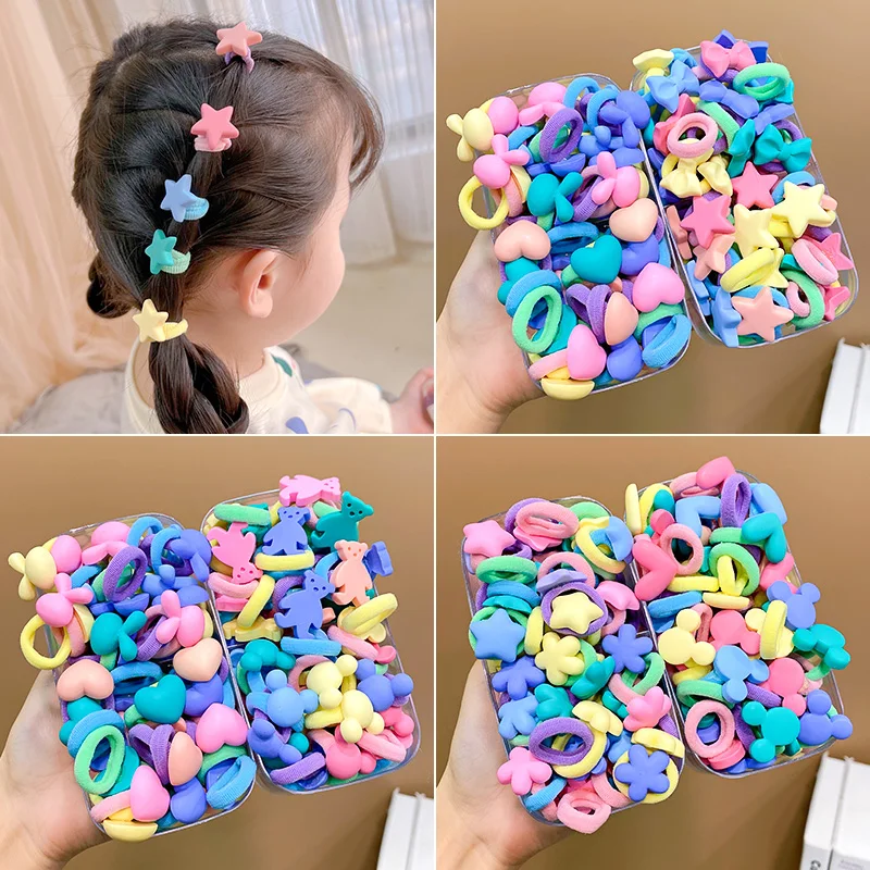 10pcs/Set Cute Colorful Heart Mickey Star Small Elastic Hair Bands For Girls Rubber Bands Scrunchie Kids Lovely Hair Accessories