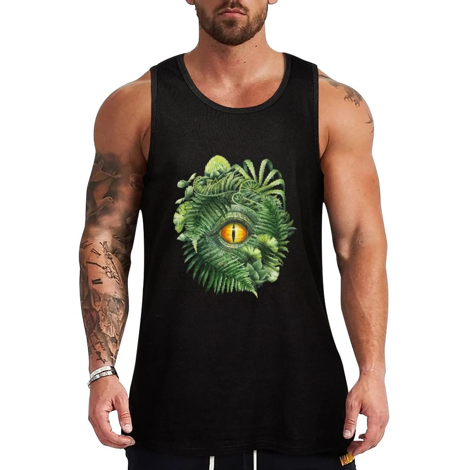 Watercolor dinosaur eye and prehistoric plants Tank Top Training Athletic Tank Top Lightweight Breathable Wear