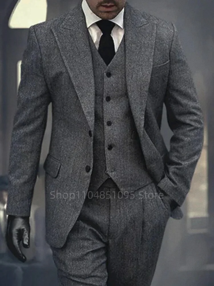 

Elegant 3pcs Men's Tweed Suits Wool Blend Herringbone Western Vintage Wedding Formal Business Suits Set (Jacket+Vest+Pants)
