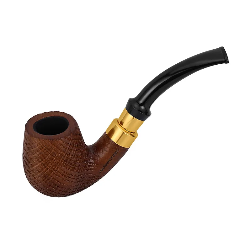 Oak Wood Sandblasted 9mm Flue Filter Tobacco Pipe Men Bent Type Gold And Silver Ring Handmade Smoking Pipe Gift Pipe Accessory