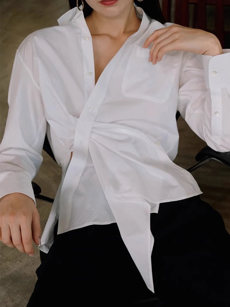 

Fashionable Asymmetrical Pleated Pure Cotton Women's Shirt Elegant Knot Top OL Style Straight Cut Long Sleeve Collar