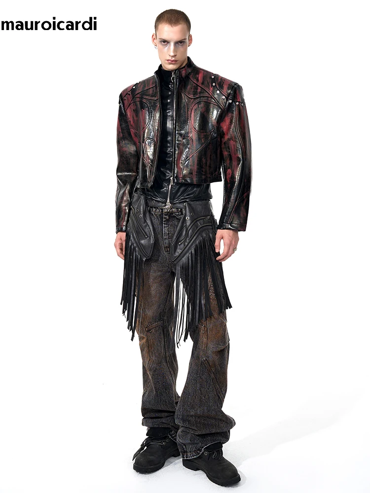 Mauroicardi Spring Autumn Short Pu Leather Motorcycle Jacket Men Rivet Zipper Shoulder Pads Luxury Designer Streetwear Clothing view 3