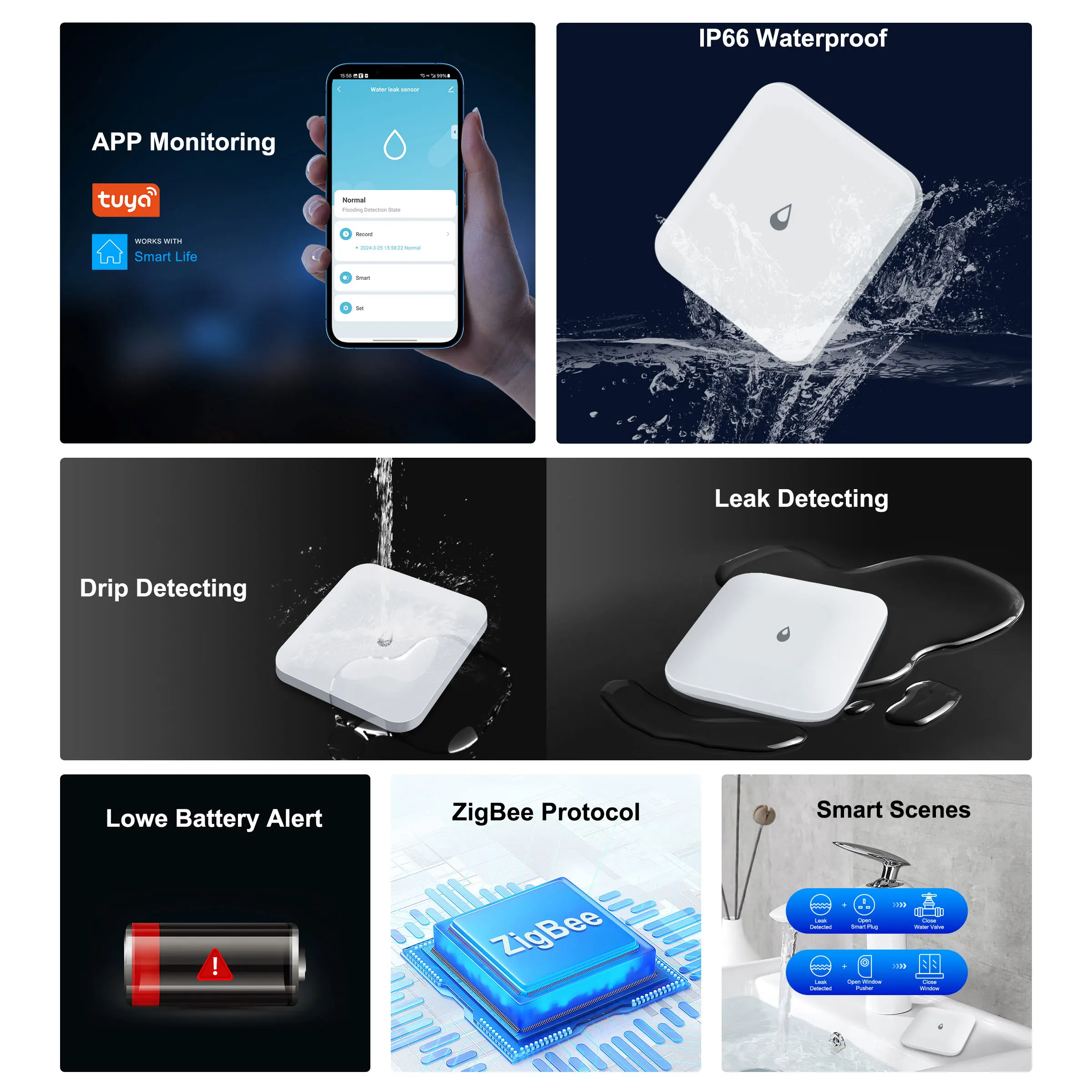 GIRIER Tuya ZigBee Water Leak Sensor Smart Leakage Detector for Home Security IP66 Waterproof Support Home Assistant ZigBee2MQTT