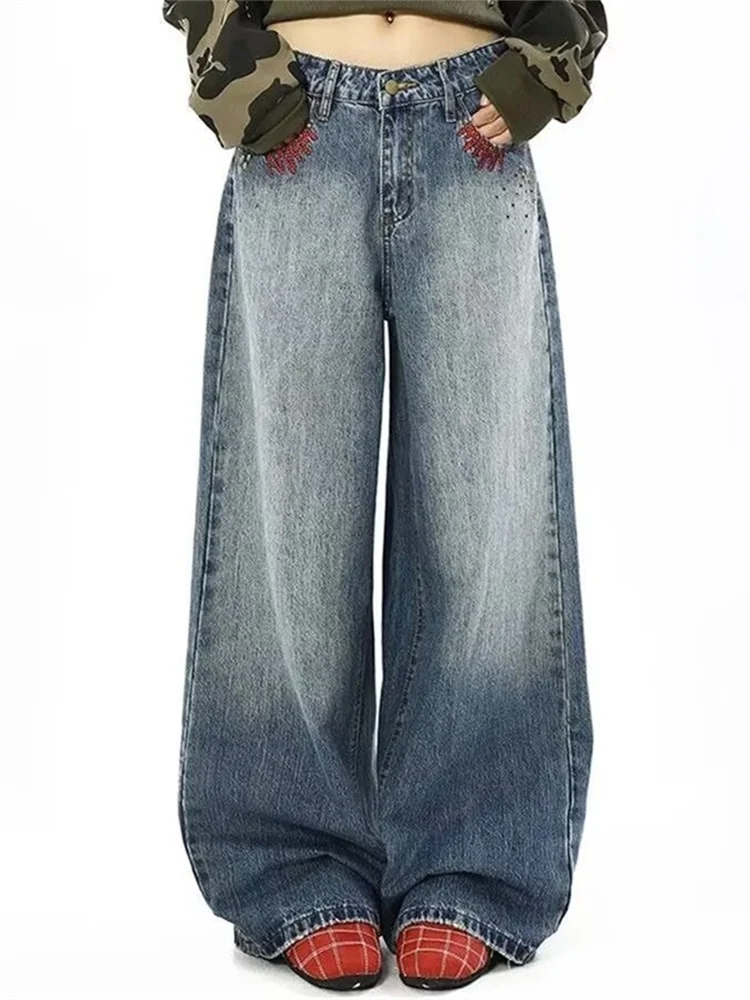 American Vintage Curved Hem Jeans Women Spring New Washed Loose Wide Leg Straight Trousers Casual Denim Pants