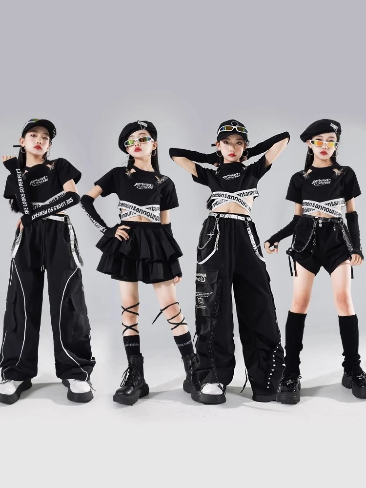 Schwarz Jazz Dance Kostüm Mädchen Hip Hop Kleidung Sommer Kurzen Ärmeln Kpop Street Wear Bühne Leistung Anzug Team Kleidung BL14776