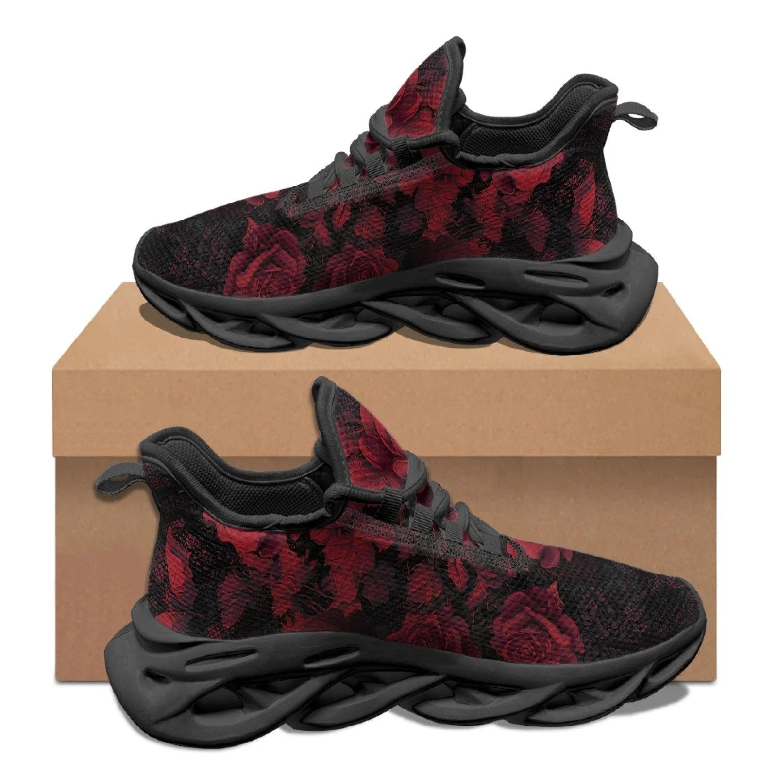 PENSTROLL Red Rose Lace Print Comfortable Running Shoes for Gym Mesh & EVA Running Blade Sneakers Men's Running Shoes