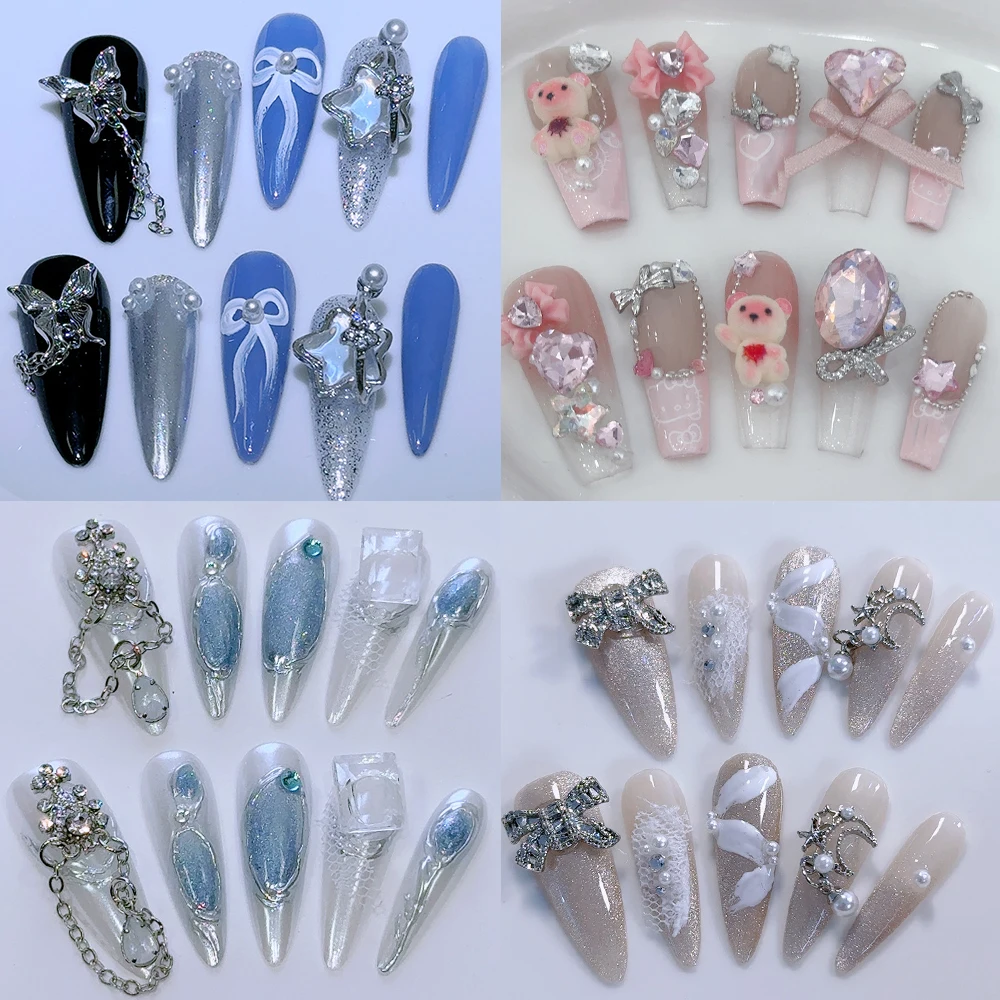 

French 10Pcs Handmade Press On Nails Ballerina Butterfly 3D Rhinestone Bow Bear Wedding Detachable False Nails Party for Girls