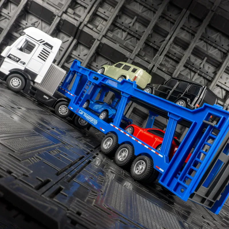 

1:50 Simulation engineering road double-deck transport truck alloy model car trailer with 4 cars