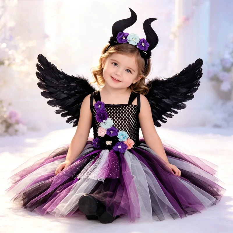 

Girls'Witch-style Tulle Dress,Dark Fairy Themed Kids'Performance Costume,Puff Skirt Outfit for Halloween Carnival Party Dress-Up