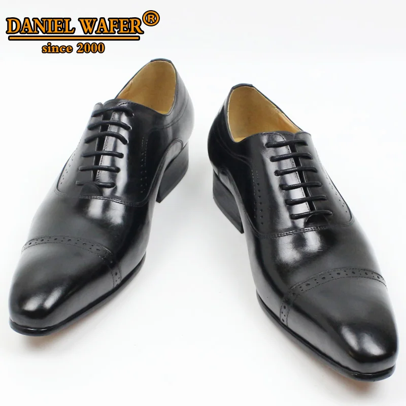 Genuine Leather Oxford Dress Shoes Men Lace Up Cap Toe Office Wedding Shoes Black Brown Brogue Pointed Oxfords Formal Shoes Men