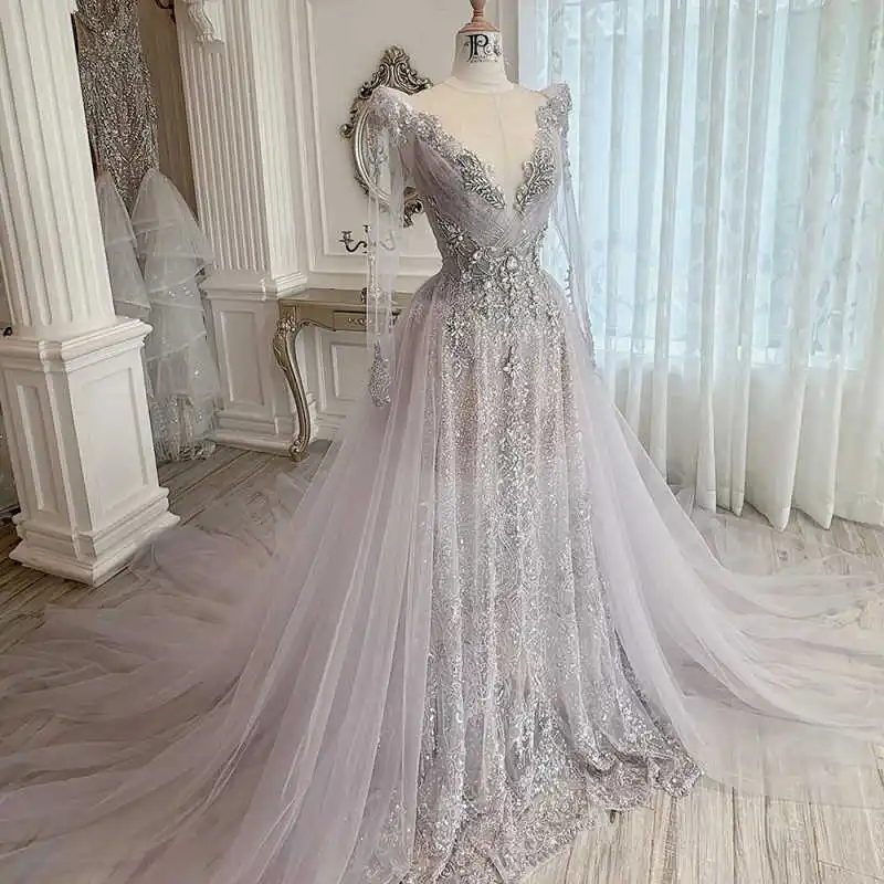 Glans A-lijn Avondjurk Lange Mouw Galajurken Mode Kristal Kralen Satijn Sexy Galajurk vestidos de novia Maat Aangepast