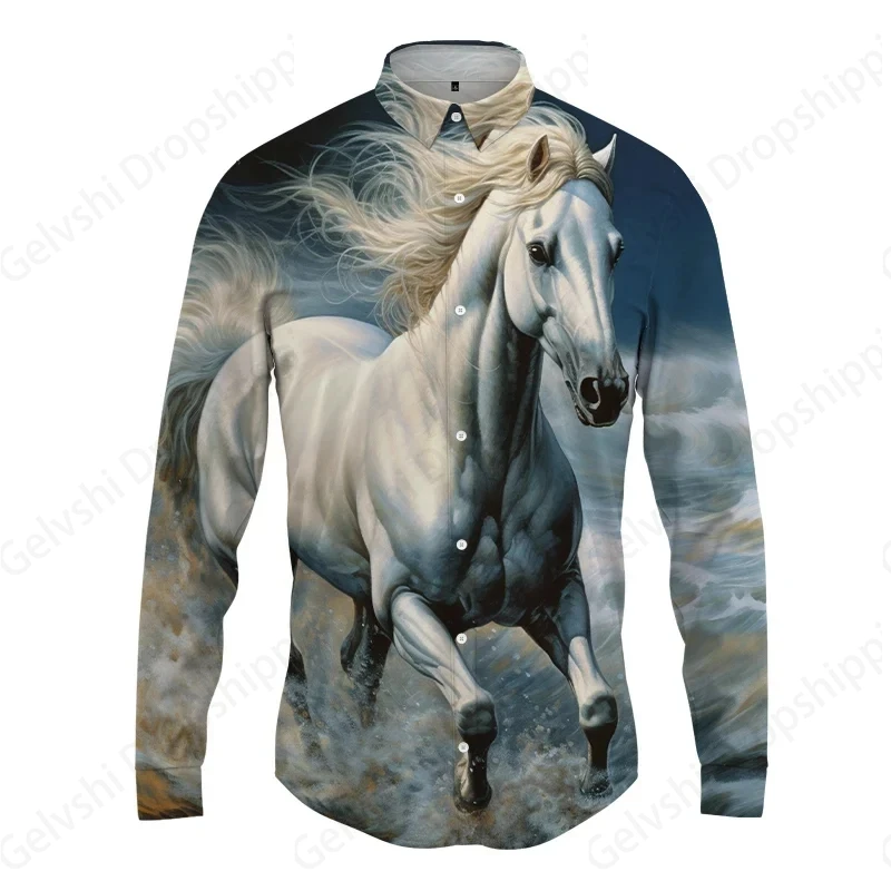 Long Sleeve Hawaiian Shirts Horse 3d Print Beach Shirt Men Fashion Lapel Blouses Button Up Single Breasted Blouse Men\'s Clothing