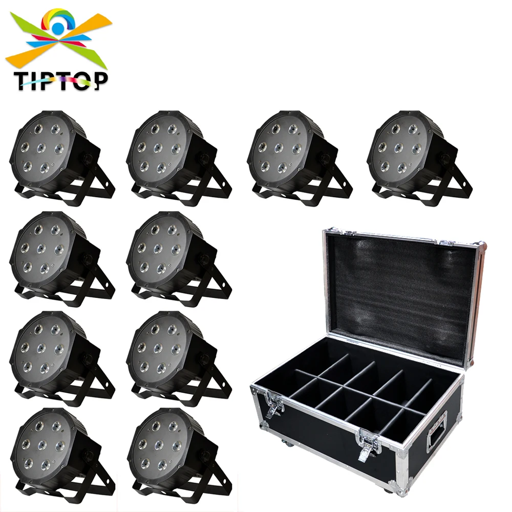 

10IN1 FLightcase Pack RGBW Color 4IN1 7 x 12W Led Flat Plastic Shell Par Light DMX DJ Party Bar KTV Stage Effect Fast shipping