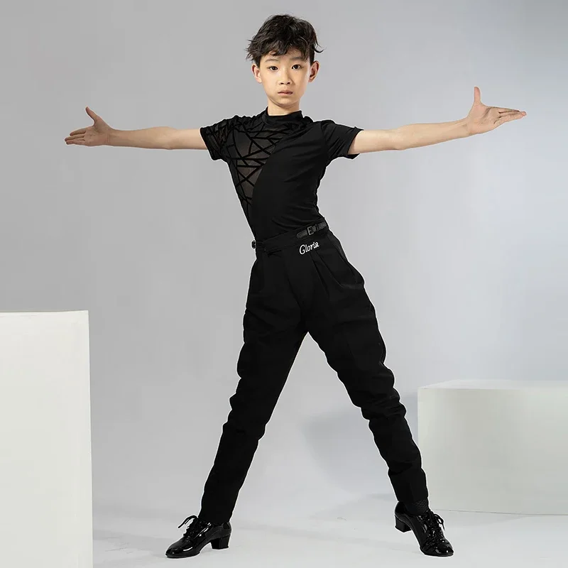 ニューキッズボーイラテンダンス衣装子供長袖ハイネックトップス社交チャチャダンストレーニング服黒シャツ-xh1831