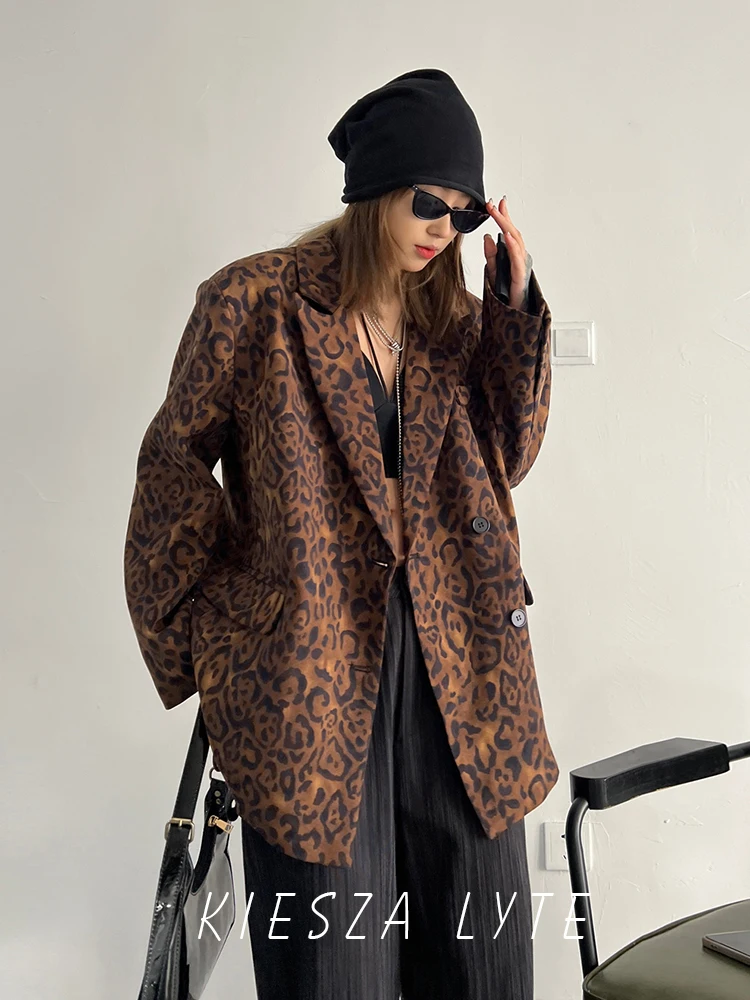 Women Blazer autumn and winter 2024 New Korean Green Leopard  Satin Collar Suit Loose Shoulder Suit Jackets High Street