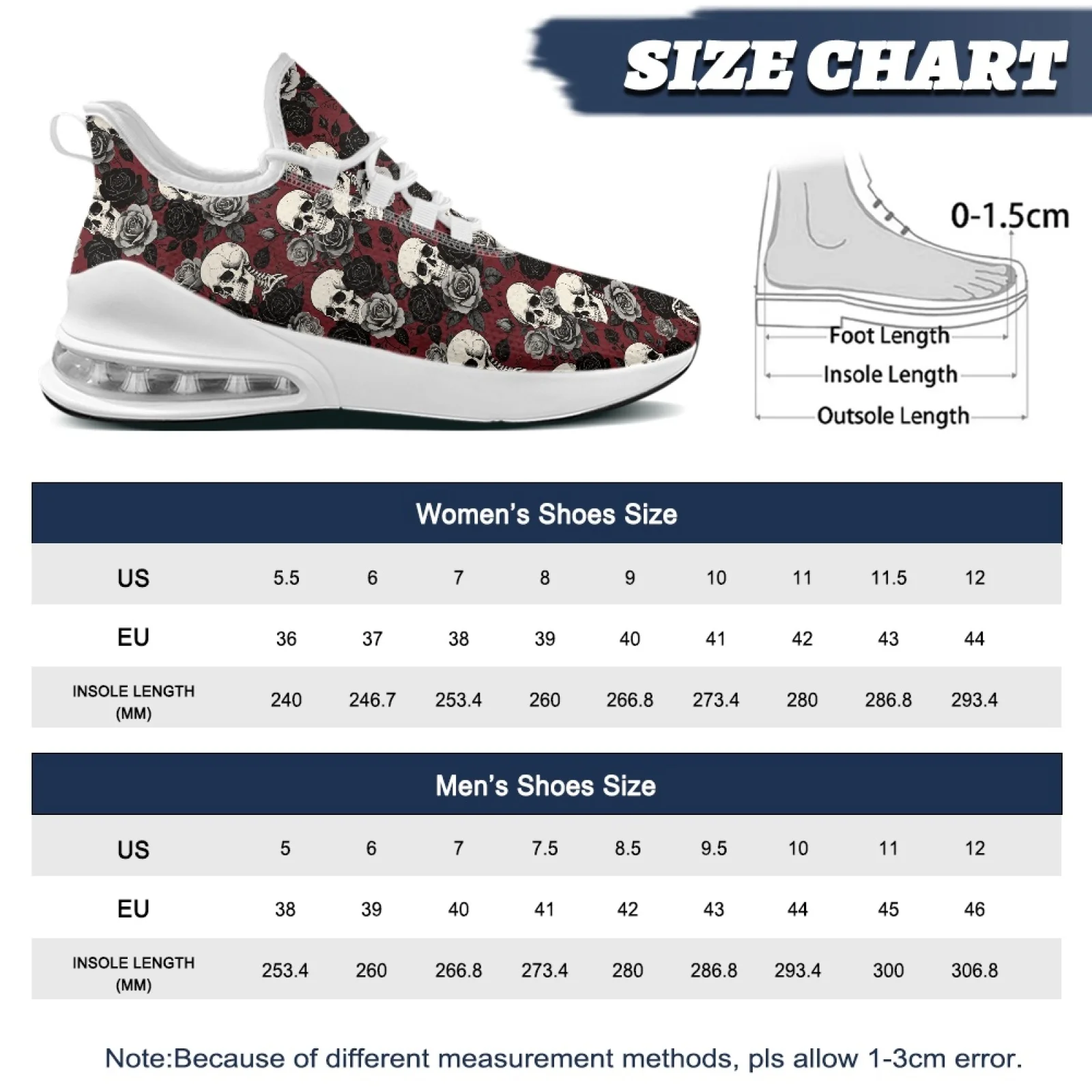 PENSTROLL Skull Rose Pattern Women's Low-Top Sneakers, Breathable Lightweight Athletic Sneakers for Tennis and Daily Travel - view 3