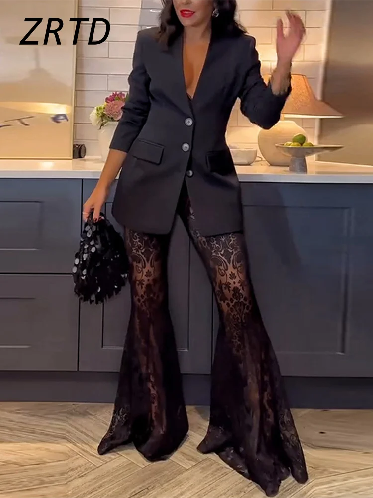 Elegant Blazer Lace Flare Pants Sets Women Slim Single Breasted Long Sleeve Jacket Sexy See Through Pant 2025 Lady Party Outfits