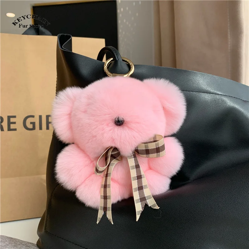 Cute Real Rex Fur Key Chain Bears Stuffed Plush Toy Mini Bear Doll Toy Keychain Bag Car Pendant Children Birthday Party Gifts