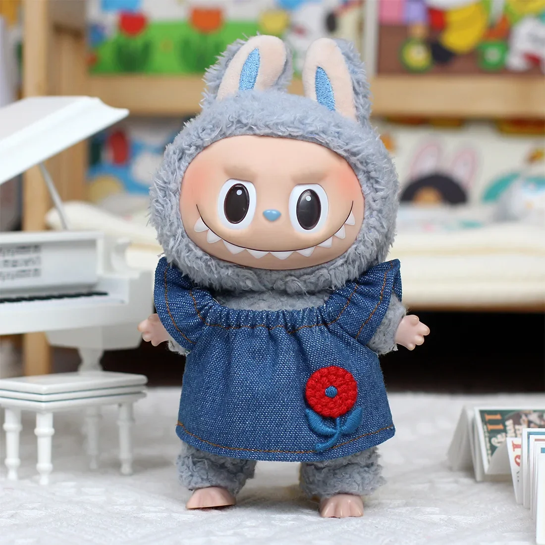 17 cm Labubu-Puppe, modisches Anzieh-Set, Jeansrock und Schleife, Ropa Labubu-Kleidungszubehör, V2/V1/V3, DIY Mini-Puppen-Outfits