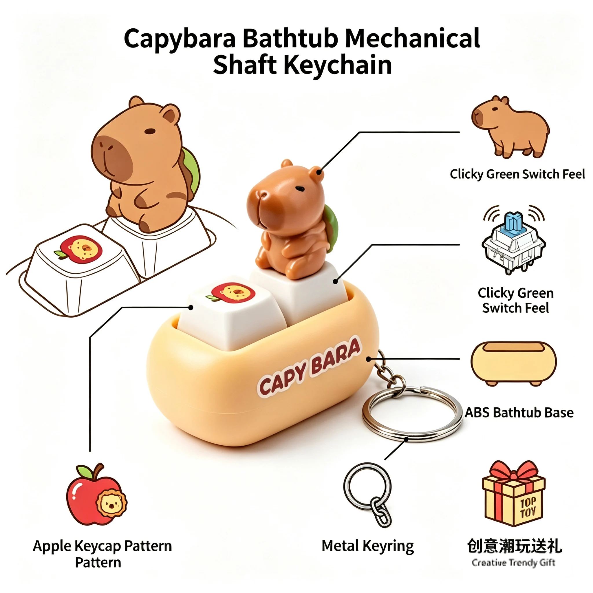Cute Capybara Bathtub Mechanical Switch Keychain 3D Stereo Figure Clicker Fidget Toy Stress Relief Bag Charm Key Ring