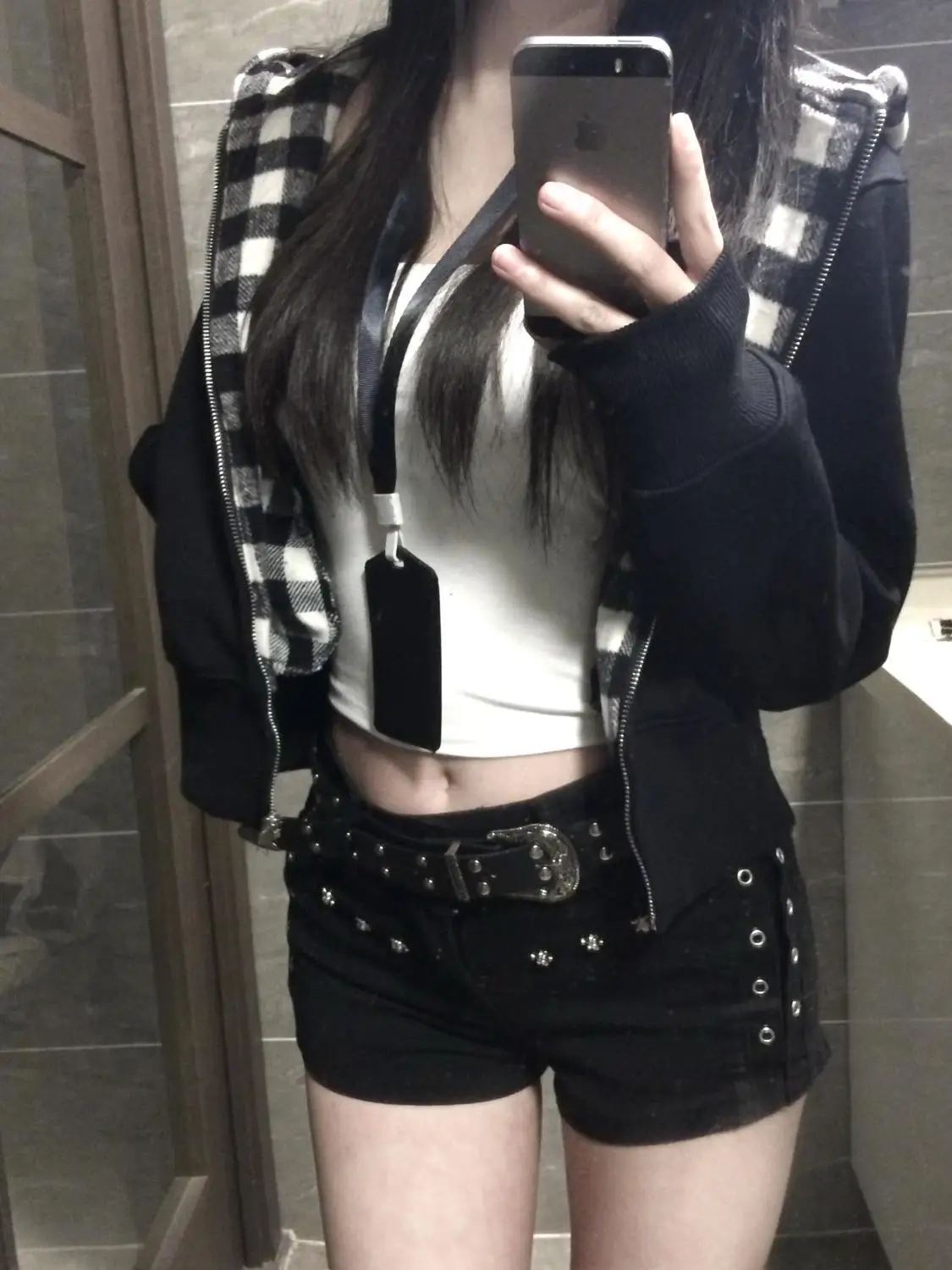 Fall 2026 Women's College Style Hoodie Black White Plaid Loose Y2K Open Cardigan Top Standard Fit Long Sleeve Zipper Closure