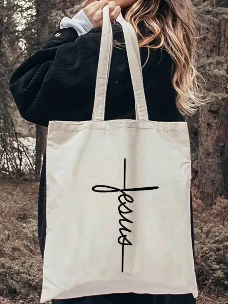 1pcs Jesus Pattern Vintage Tote Bag Canvas Shoulder Bag Women's Reusable Shopping Bag for Travel Daily Commute