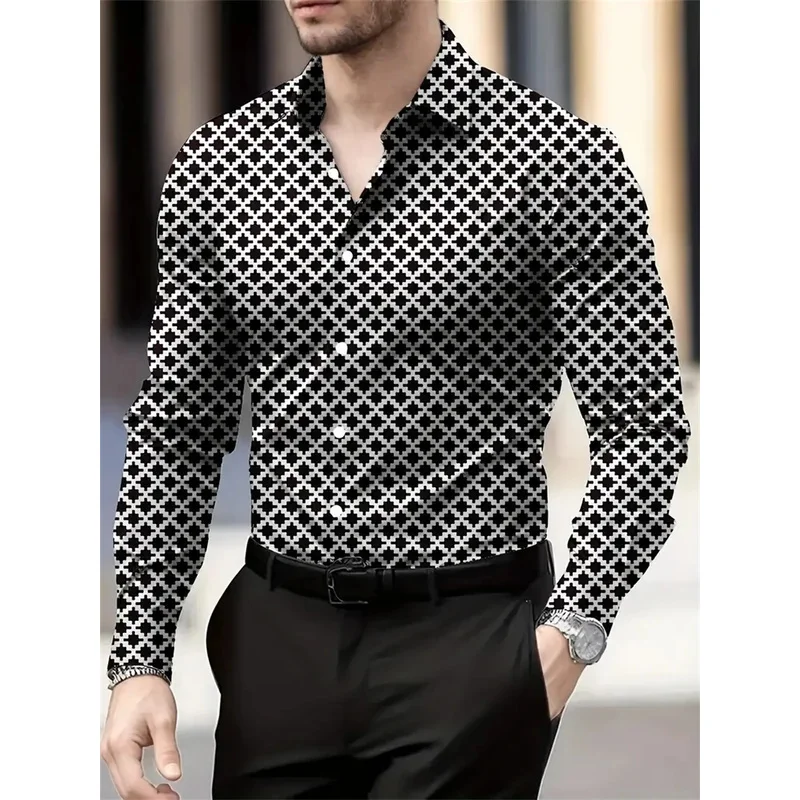 14-color men's long-sleeved high-definition geometric checkered pattern shirt, casual party business breathable lapel men's top