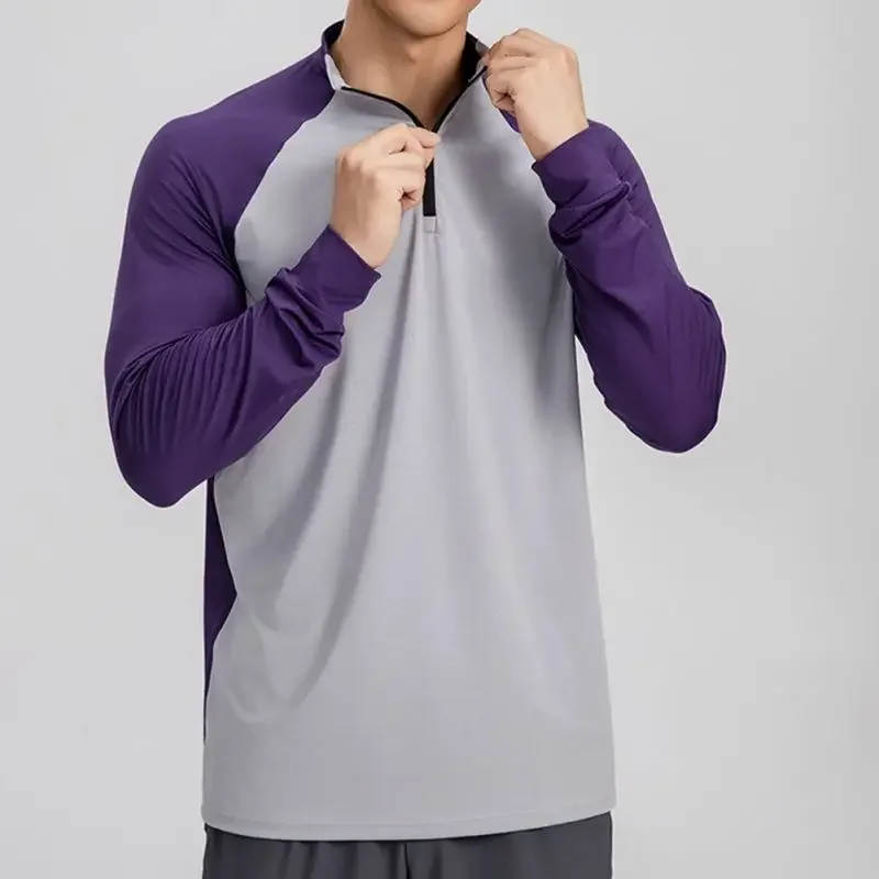 

Мужская быстросохнущая спортивная рубашка с полумолнией, тренировочный топ с воротником-стойкой, дышащая тренировочная футболка с длинными рукавами