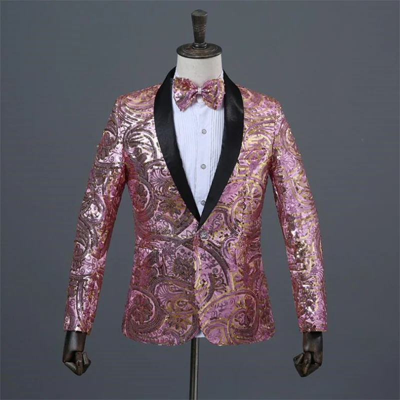 Fashion Men Luxury Sequin Blazer Jacket Red / Blue / Golden 2024 New Male Prom Party Groom Wedding Dress Suit Coats