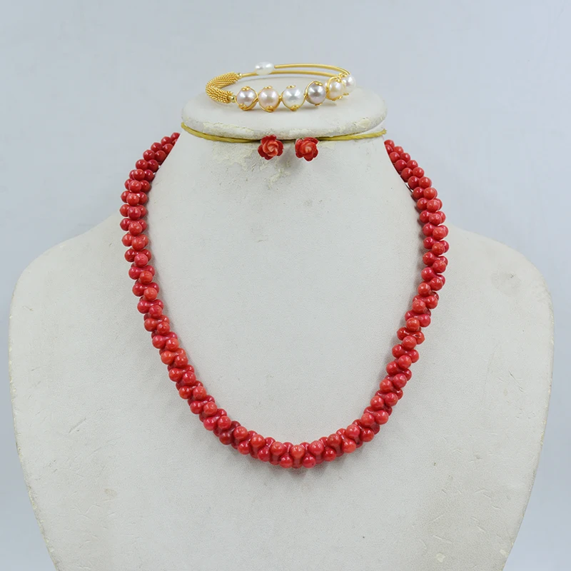 

Natural coral necklace earrings, freshwater pearl bracelet rings. Ladies gatherings, parties. Classic Jewelry Set 17”