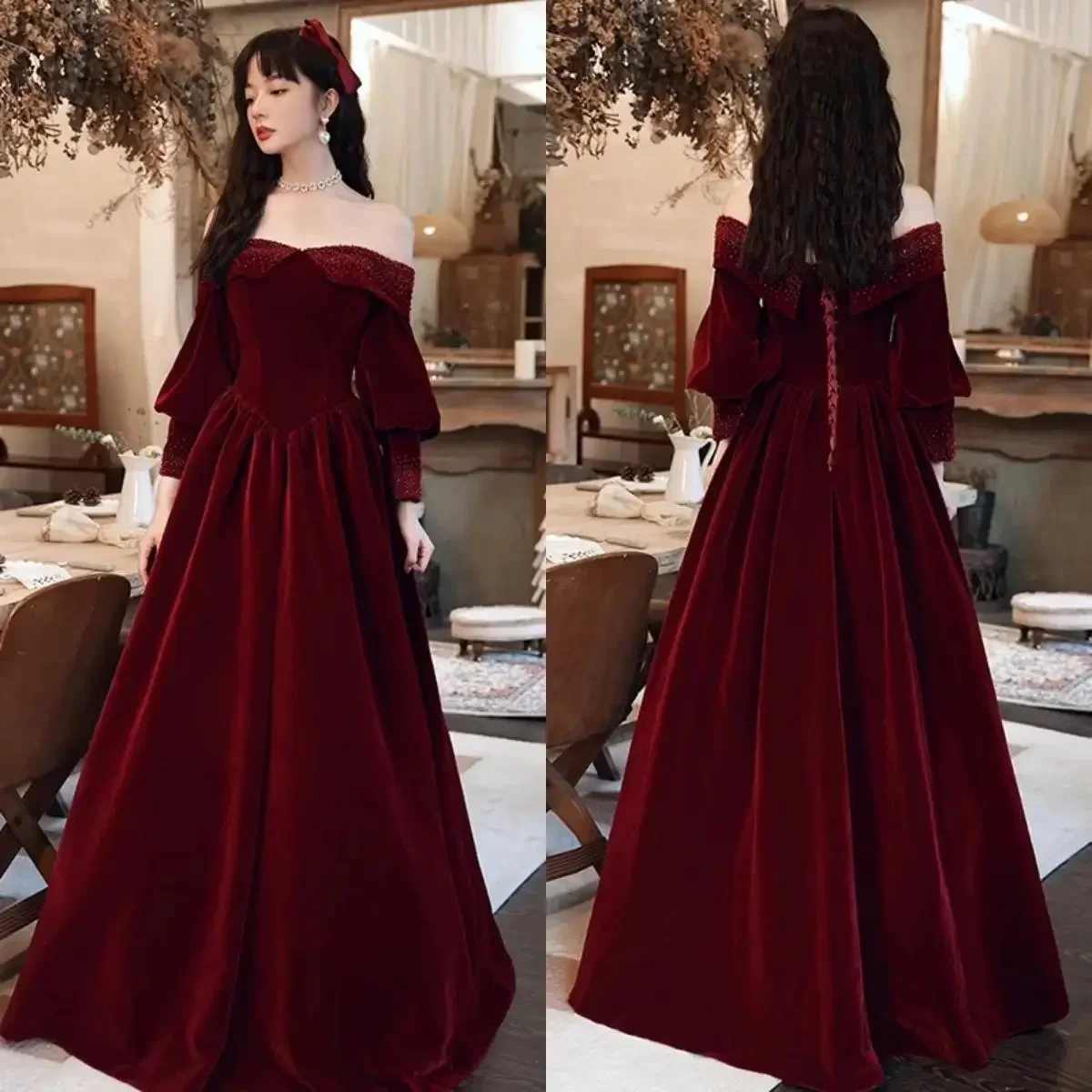 Abiti da sera velluto bordeaux perline con spalle scoperte maniche lunghe Plus size a-line abito da festa formale donna lunghezza pavimento