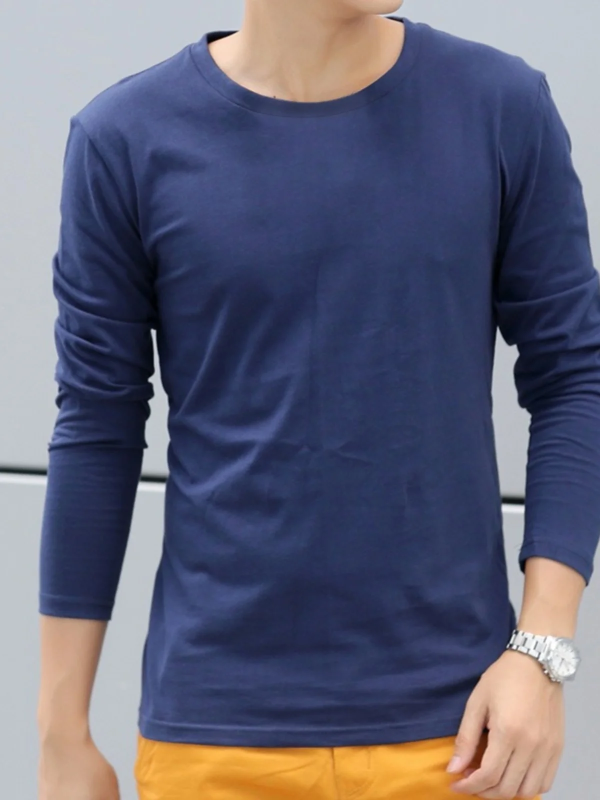 

Men's Long Sve T-irt Pure Color White Inner Wear Base irt Faionable Youthful Polyester Fiber Autumn Season Basic Top