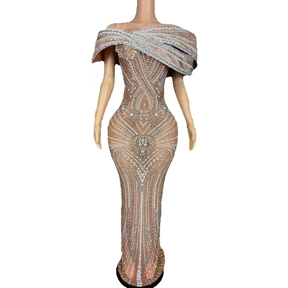 의상 우아한 여성 하이 엔드 칵테일 Strapless 가운 무대 착용 럭셔리 반짝 이는 크리스탈 이브닝 드레스 축제 축하 파티