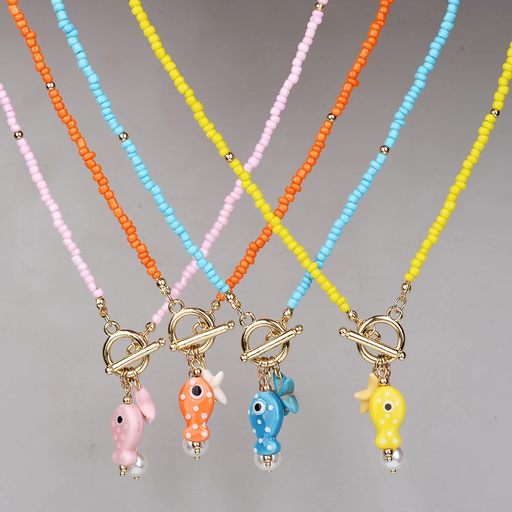 Bohemian Sea-Inspired Ceramic Fish & Starfish Pendant Necklace Red ,Turquoise Beads, Lightweight Beach Jewelry