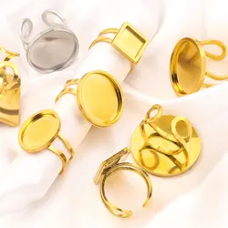 4pcs Stainless Steel Gold Color Open Ring Setting Adjustable Round Square Rings with Blank Base Inlay Bezel DIY Jewelry Making