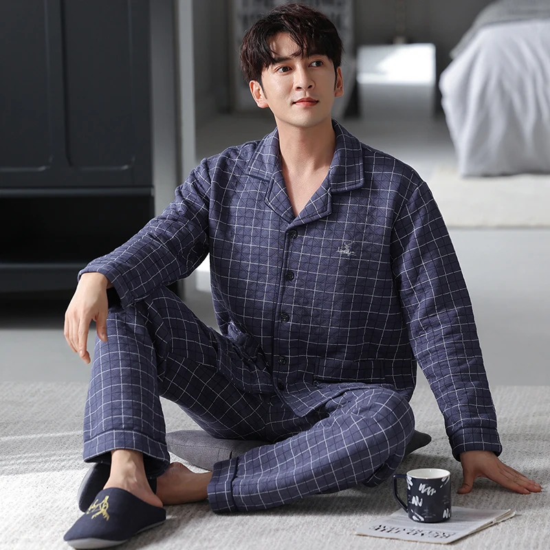 Newest 3XL-6XL Men Turn-down Collar Pajamas Set Winter Thick Warm Air Clip Cotton Pyjamas