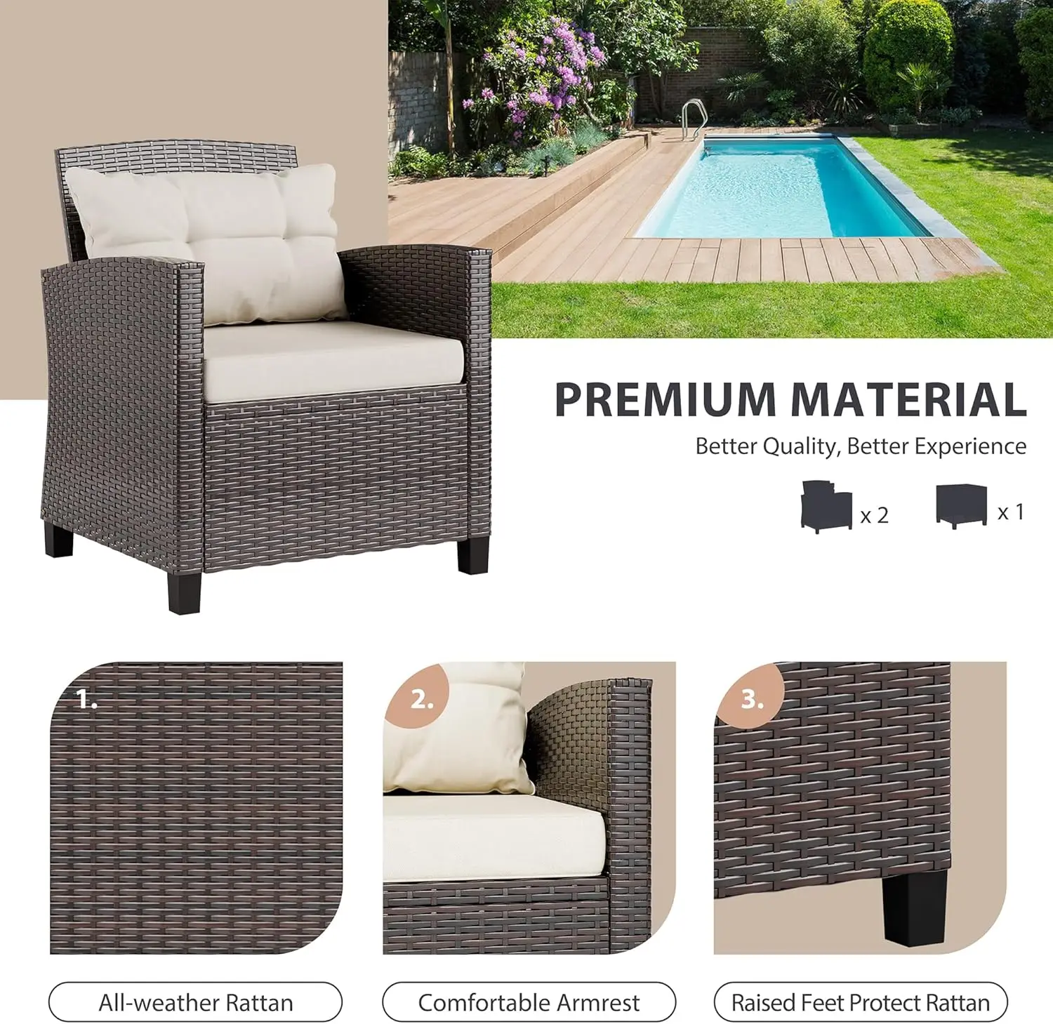Outdoor Wicker Rattan Mobiliário Pátio Set, Cadeiras almofadadas, Pequeno Conversa Set, varanda frontal, 3 Pcs