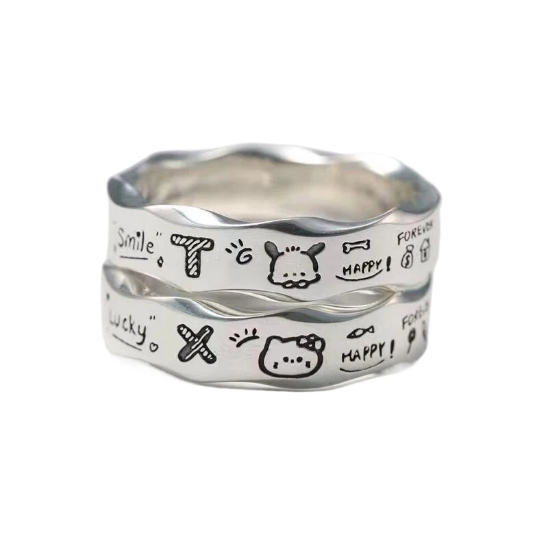 Anillos de borde ondulado de Graffiti minimalista para mujer, anillo de Pochacco de gatito Sanrio de dibujos animados, joyería de moda, accesorios de fiesta