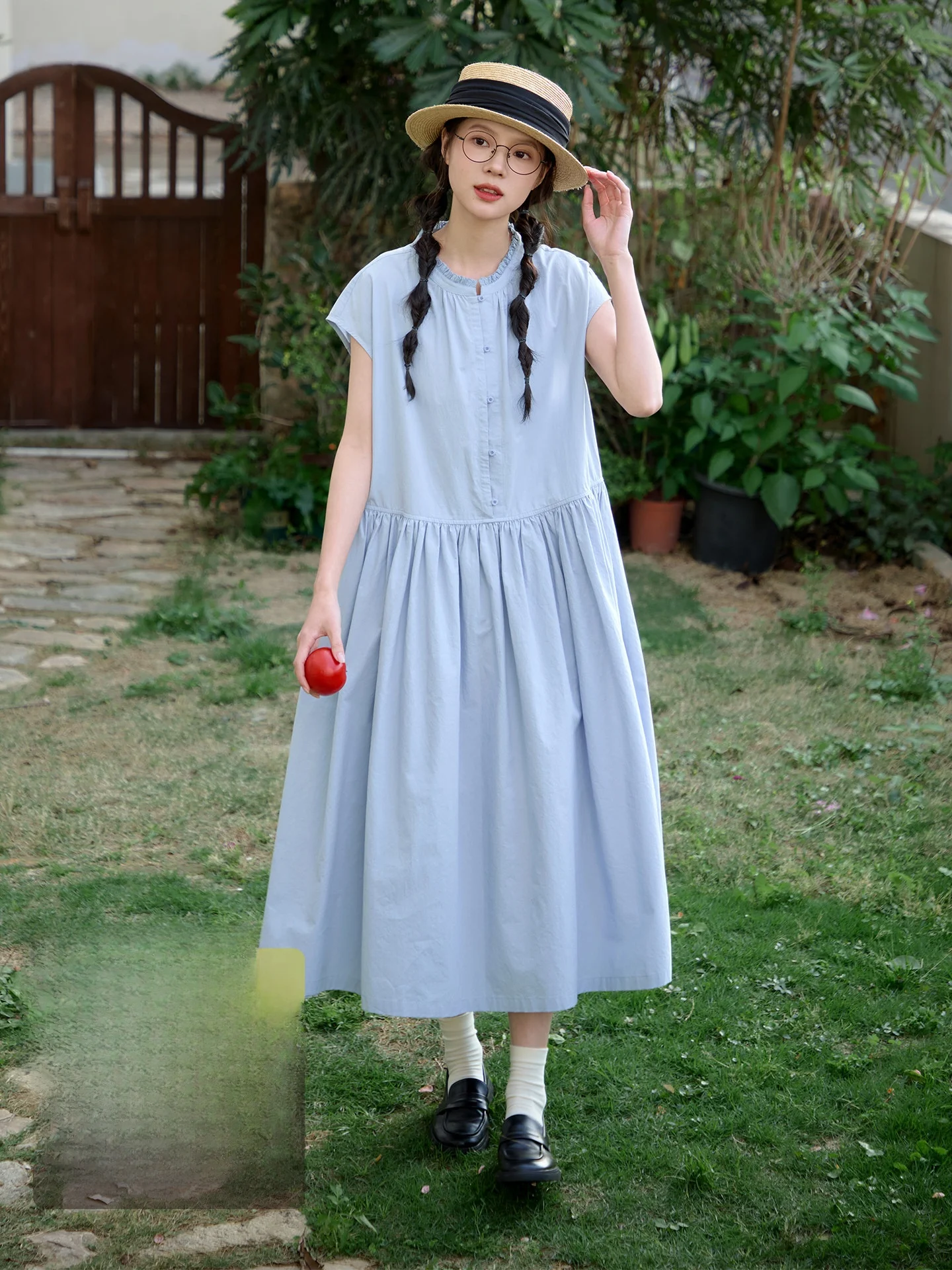 

Original Japanese Style Pure Cotton Blue Dress Women Summer round Neck Cover Shoulder Sleeve Slimming Midi Dress Breathable S...